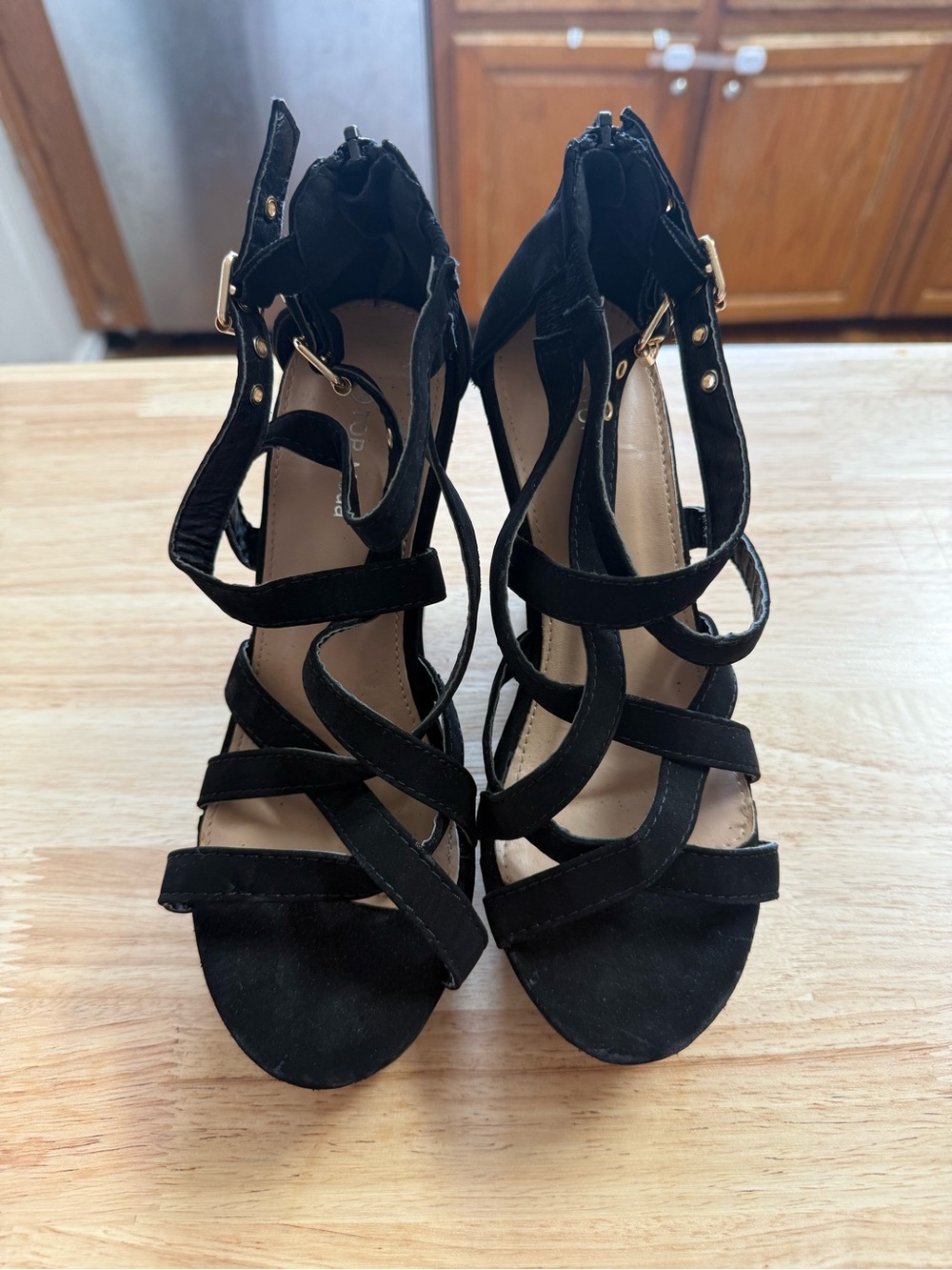 Women's Black Strappy High Heel Sandals with Ankle Buckle
